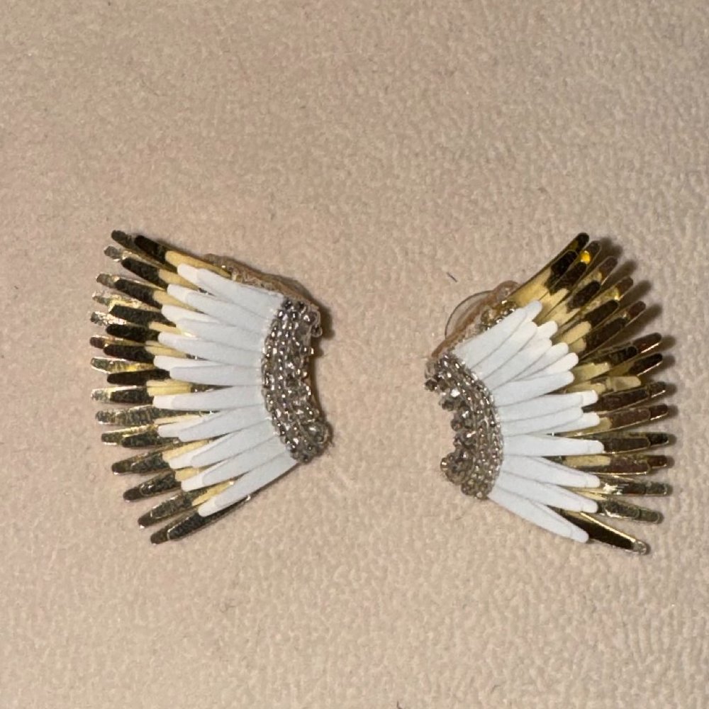 Mignonne Gavigan White and Gold Feathered Crystal Ear Climbers